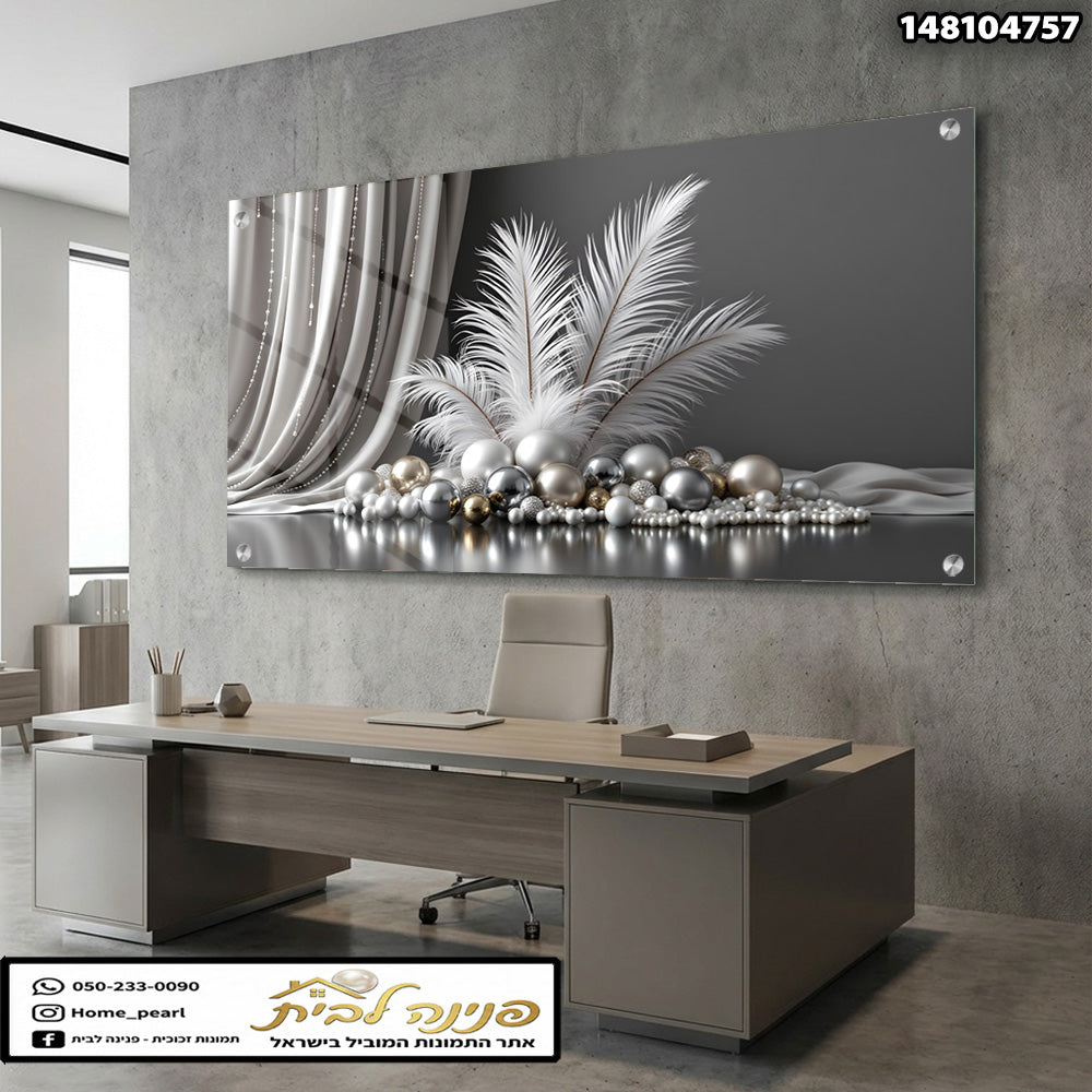 תמונה של קיר עם תיחום מעודן ואבזרים דקורטיביים - תמונות קיר - צבעים אפור, כסף, לבן