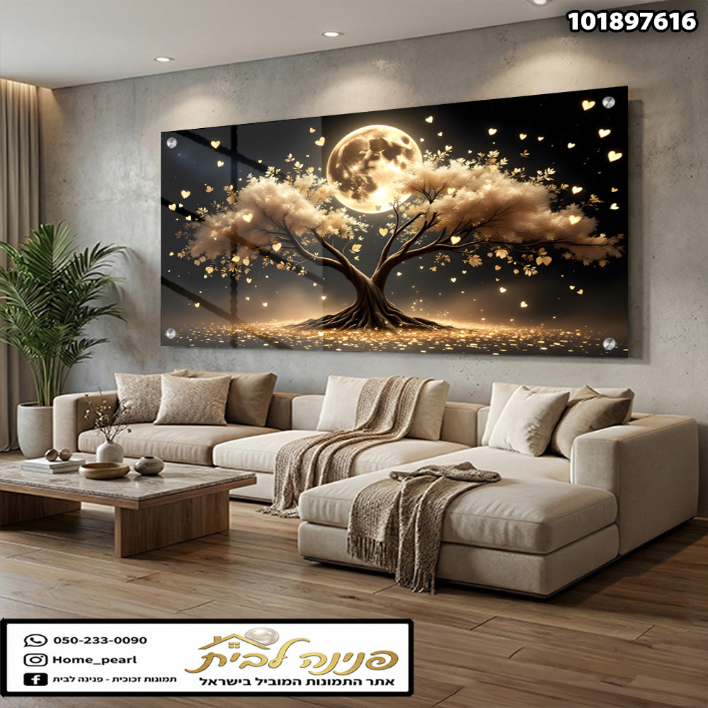 תמונה של עץ אלגנטי עם לבבות מזהב ברקע שחור - תמונות לבית - צבעים זהב ושחור