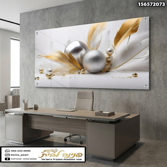 תמונה של יצירת אמנות קיר עם כדורים כסופים וזהב - הדפסה על זכוכית - צבעים כסף, זהב ולבן