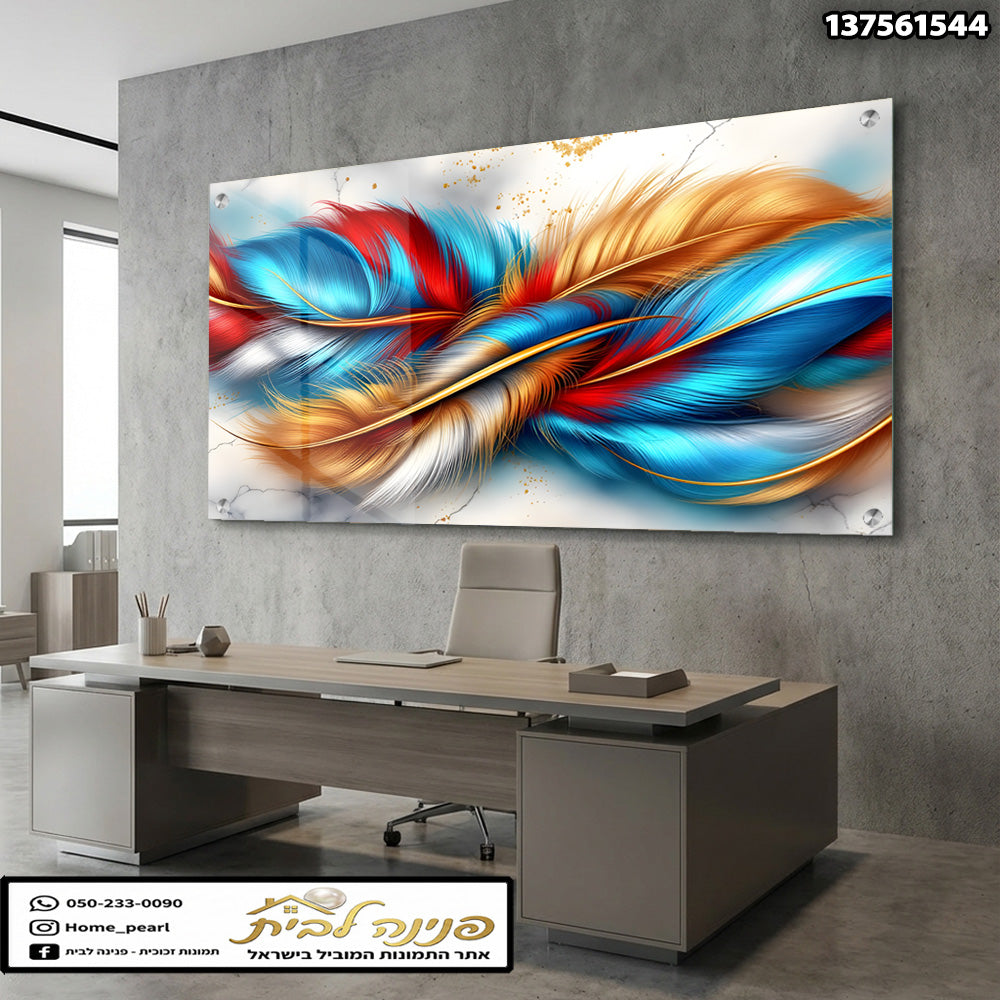 תמונה צבעונית של נוצות על קיר במשרד - תמונות קיר - צבעים כחול, אדום, זהב