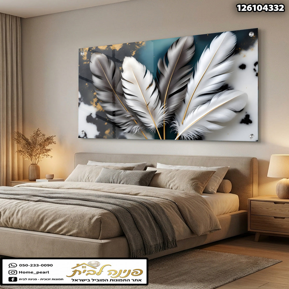 תמונה של אמנות קיר עם נוצות - תמונות נוי - צבעים שחור, לבן, זהב