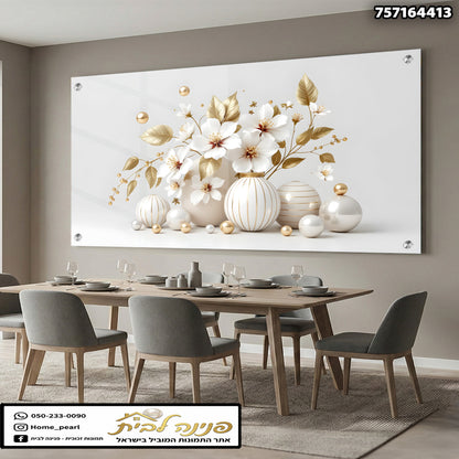 תמונה של פר arrangement בהתבנית של פרחים וסוגים דקורטיביים - תמונות לבית - צבעים לבן וזהב