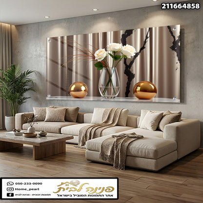 תמונה של פרחים בתוך vase עם כדורים זהב - תמונות לבית - צבעים לבן, זהב, חום