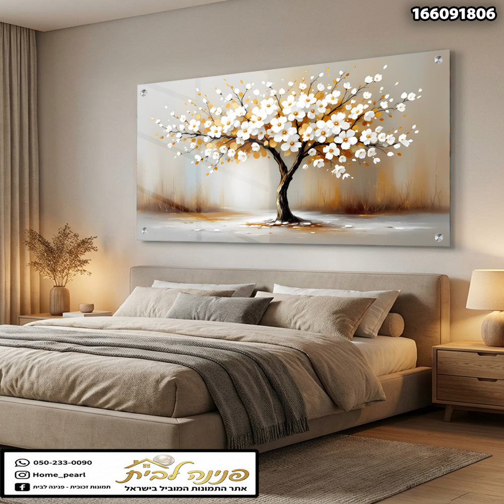 תמונות זכוכית - עץ פריחה לבנה על רקע זהב מעושן תמונות זכוכית לסלון תמונות לבית תמונות קיר הדפסה על זכוכית