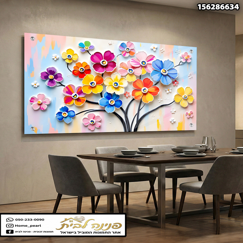 תמונה של פרחים ק colorful על קיר - תמונות קיר - צבעים: כחול, ורוד, צהוב
