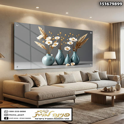תמונה של פרחים ושקעים על קיר - תמונות קיר - צבעים כחול ולבן