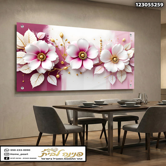 תמונה של פרחים על קיר - תמונות קיר - צבעים ורוד, לבן, זהב