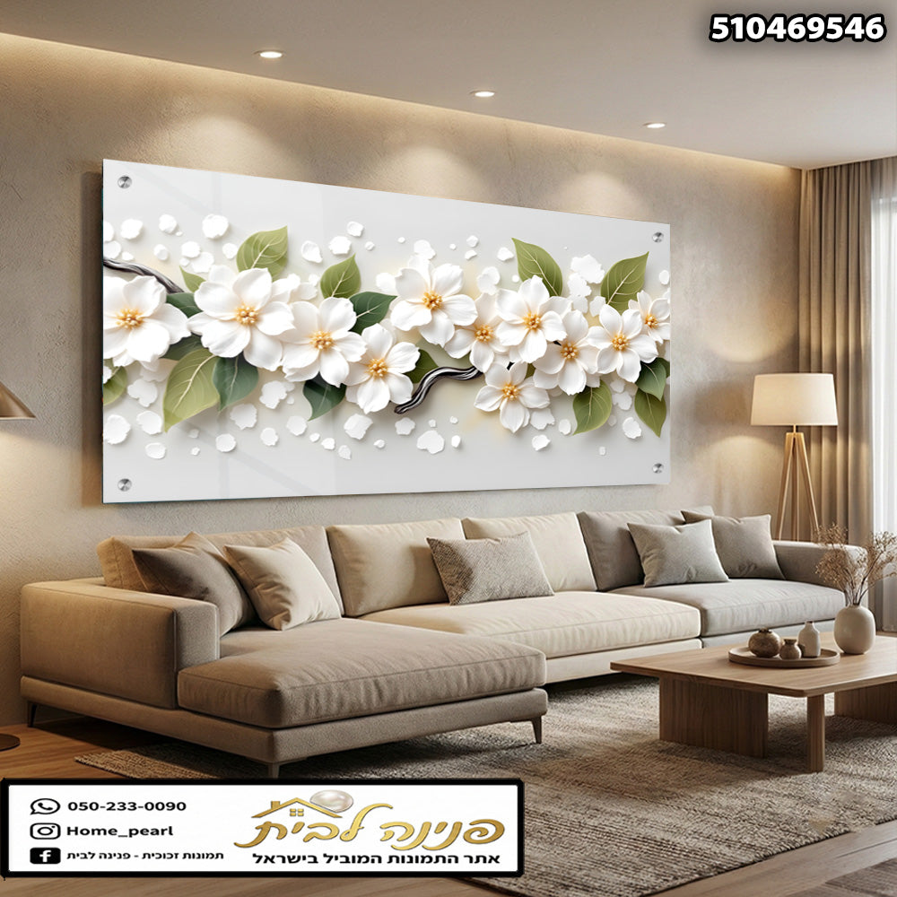 תמונה של פרחים על קיר - תמונות לקיר - צבעים לבן וירוק