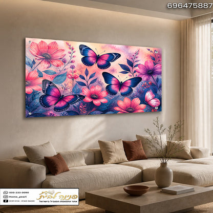 תמונה של פרחים ומעופפים על קיר - תמונות קיר - צבעים ורוד וכחול