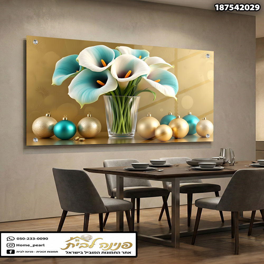 תמונת פרחים בתוך vase עם קישוטים צבעוניים - תמונות נוי - צבעים כחול וזהב