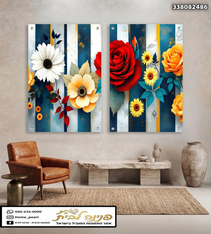 תמונות פרחים על זכוכית - הדפסה על זכוכית - צבעים דומיננטיים: כחול, אדום, צהוב