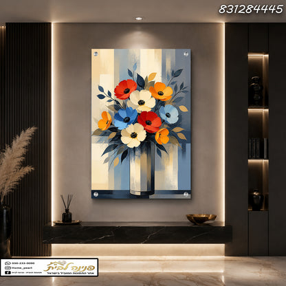 תמונה של פרחים בתוך Vase - תמונות נוי - צבעים אדום, כחול, צהוב ולבן