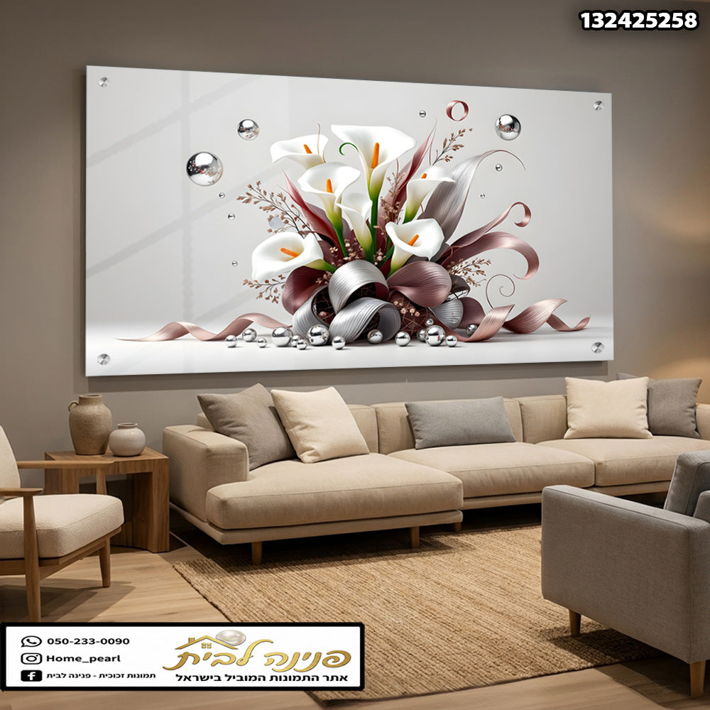תמונה של פרחים על גבול זכוכית - הדפסה על זכוכית - לבן חום כסף