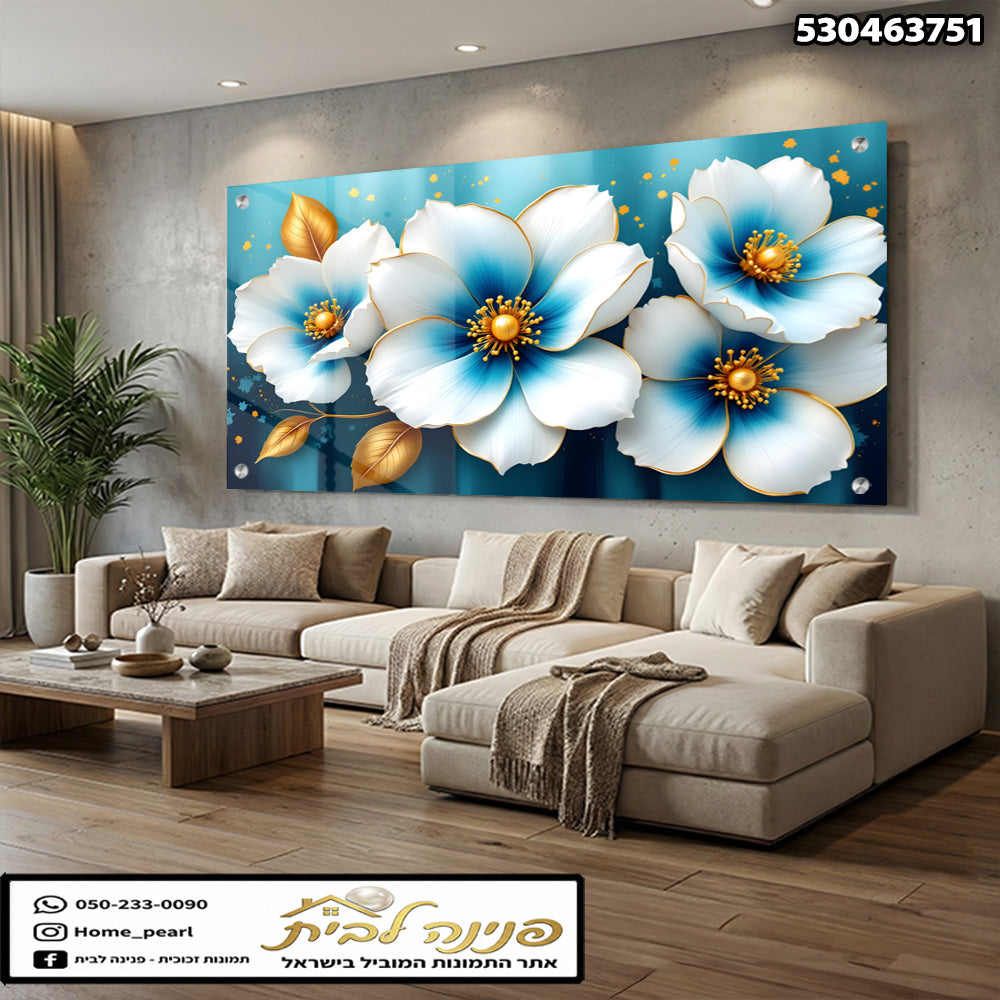 תמונה של פרFlowers על קיר בסלון - תמונות קיר - צבעים: לבן, כחול, זהב