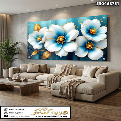 תמונה של פרFlowers על קיר בסלון - תמונות קיר - צבעים: לבן, כחול, זהב