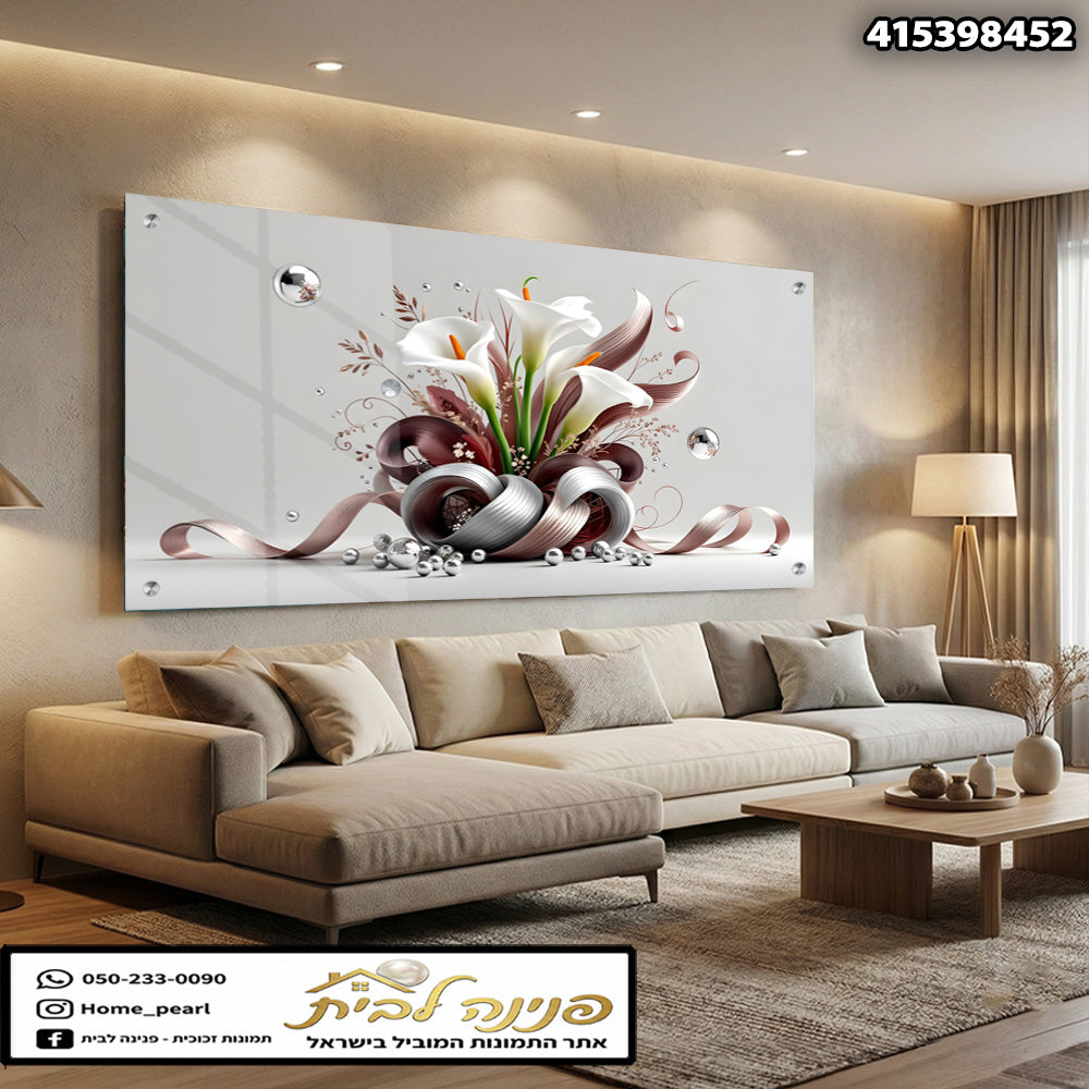 תמונה של פרחים על הקיר - תמונות נוי - צבעים לבן, חום וירוק