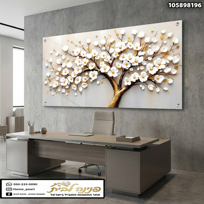 תמונה של תמונה מעוטרת בפר flowering על קיר במשרד - תמונות קיר - צבעים לבן, זהב, חום