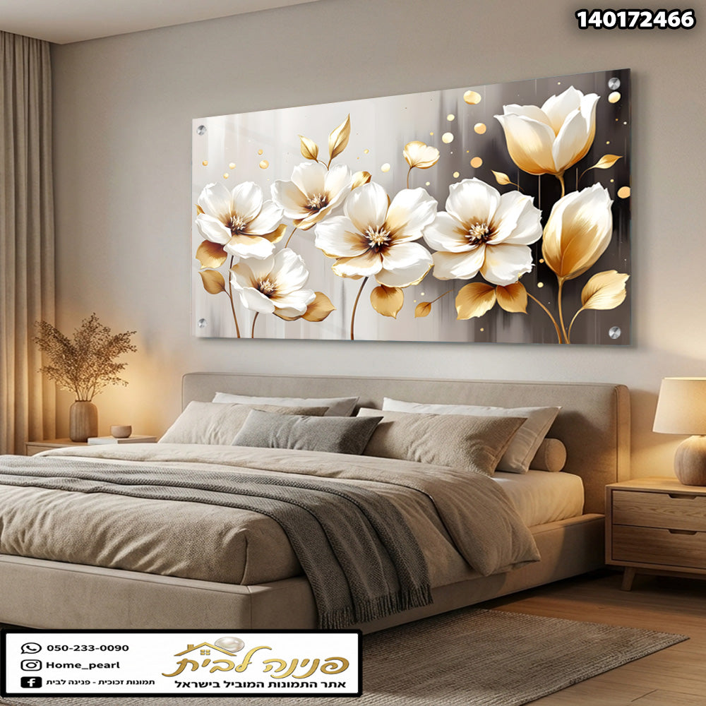 תמונה של פרחים צבעוניים על קיר - תמונות לבית - צבעים: לבן, זהב, אפור