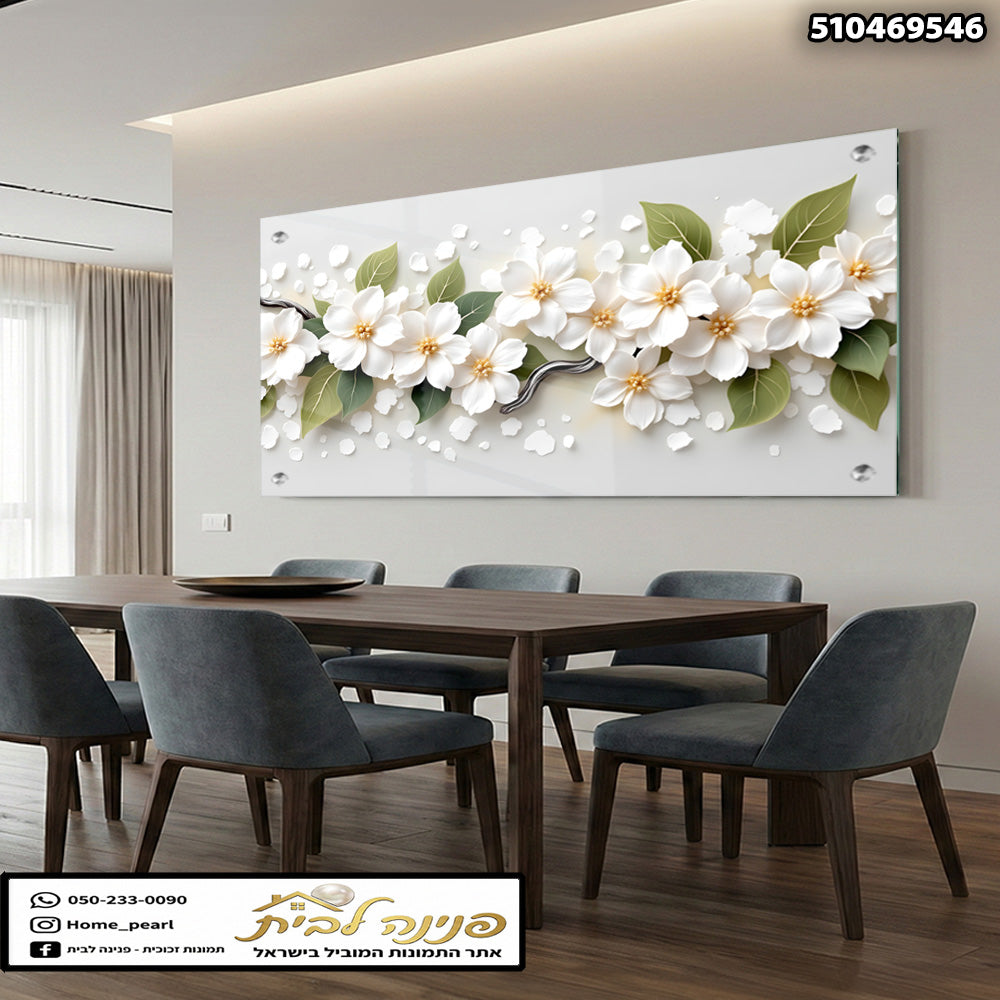 הדפסה על זכוכית - פריחת יסמין לבנה עם עלים ירוקים עדינים תמונות זכוכית לסלון תמונות לבית תמונות קיר הדפסה על זכוכית