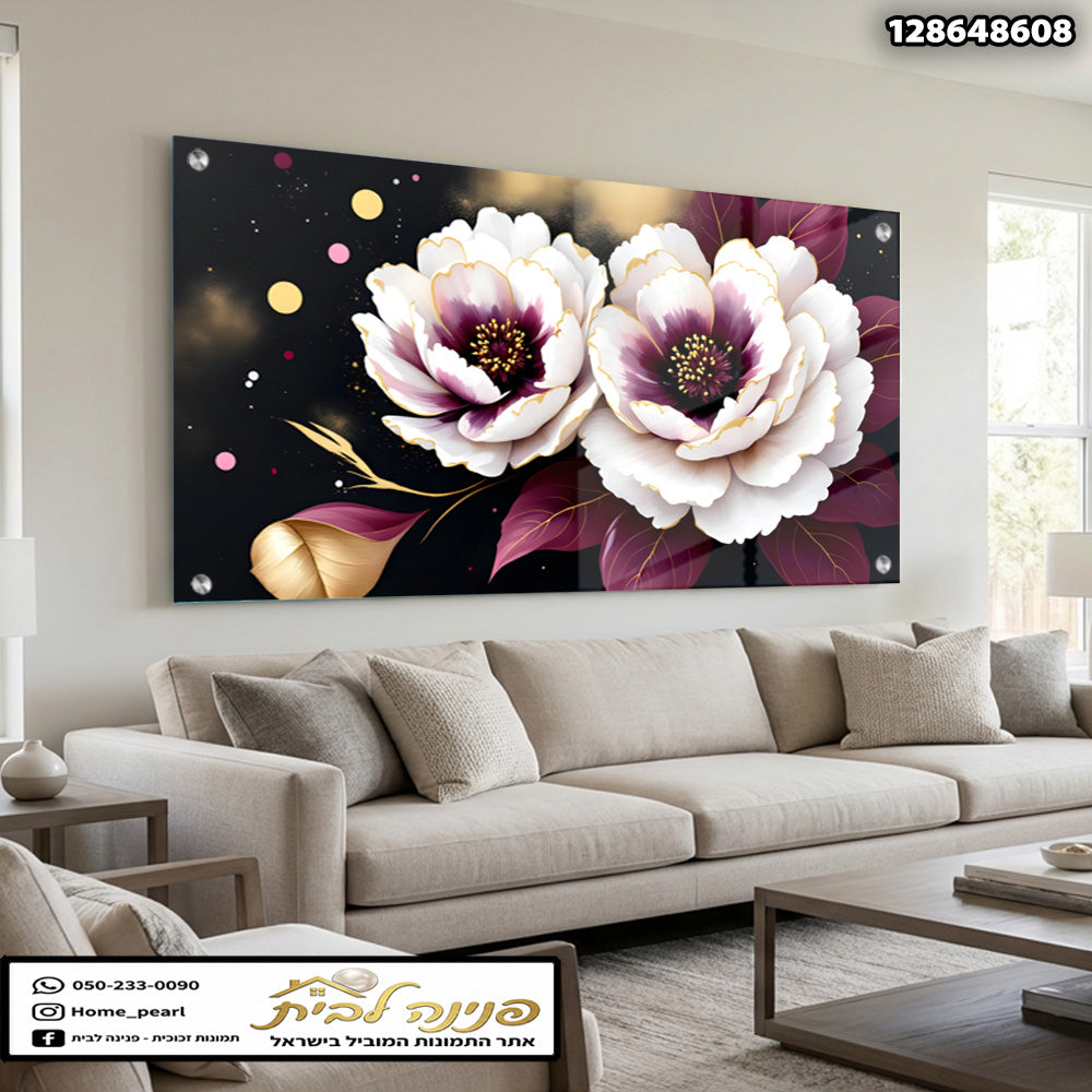 תמונות זכוכית - פריחת פיונים לבנים עם נגיעות בורדו וזהב על רקע שחור תמונות זכוכית לסלון תמונות לבית תמונות קיר הדפסה על זכוכית