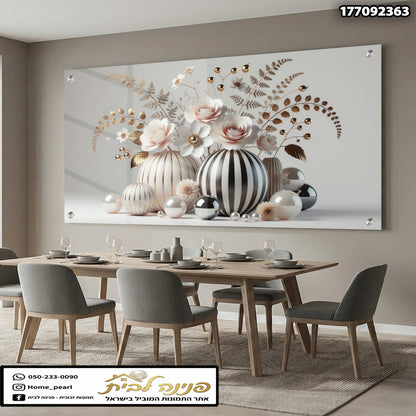 תמונה של יצירת אמנות פרחונית על זכ glass - תמונות זכוכית - צבעים: לבן, שחור, זהב