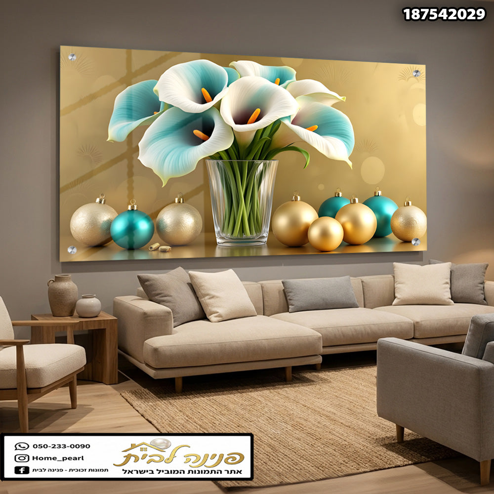 הזמנה עם פרחים ומקושט בכדורי נוי - תמונות לבית - צבעים לבן, כחול, זהב