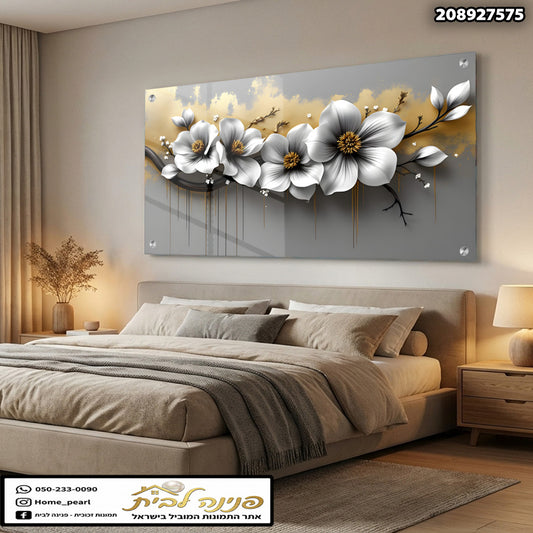 תמונה של פרחים על קיר - תמונות לסלון - צבעים: לבן, זהב, אפור