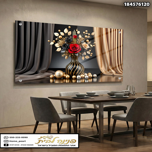 תמונה של סידור פרחים בשחור וזהב - תמונות לסלון - צבעים בשחור, זהב ואדום