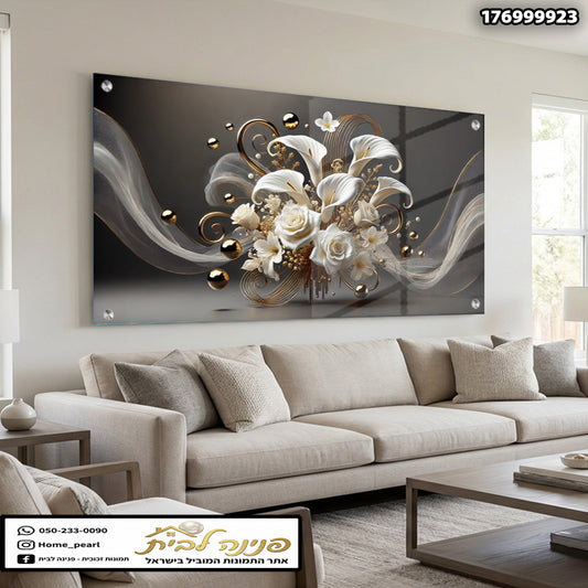 תמונה של יצירת אמנות פרחונית בקירות הבית - תמונות לבית - צבעים לבן, אפור, זהב