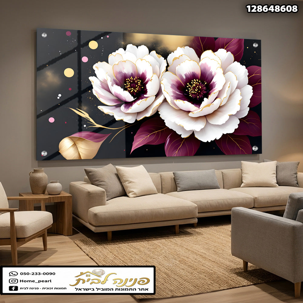 תמונה של פרחים - תמונות קיר - צבעים: לבן, סגול, שחור, זהב