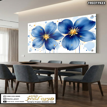 יצירה של פרחים צבעוניים - הדפסה על זכוכית - צבעים כחולים וזהובים