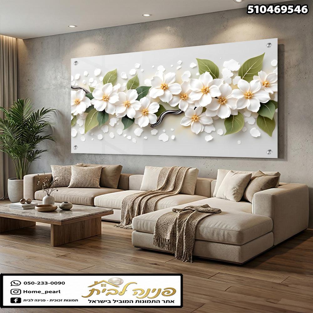 הדפסה על זכוכית - פריחת יסמין לבנה עם עלים ירוקים עדינים תמונות זכוכית לסלון תמונות לבית תמונות קיר הדפסה על זכוכית