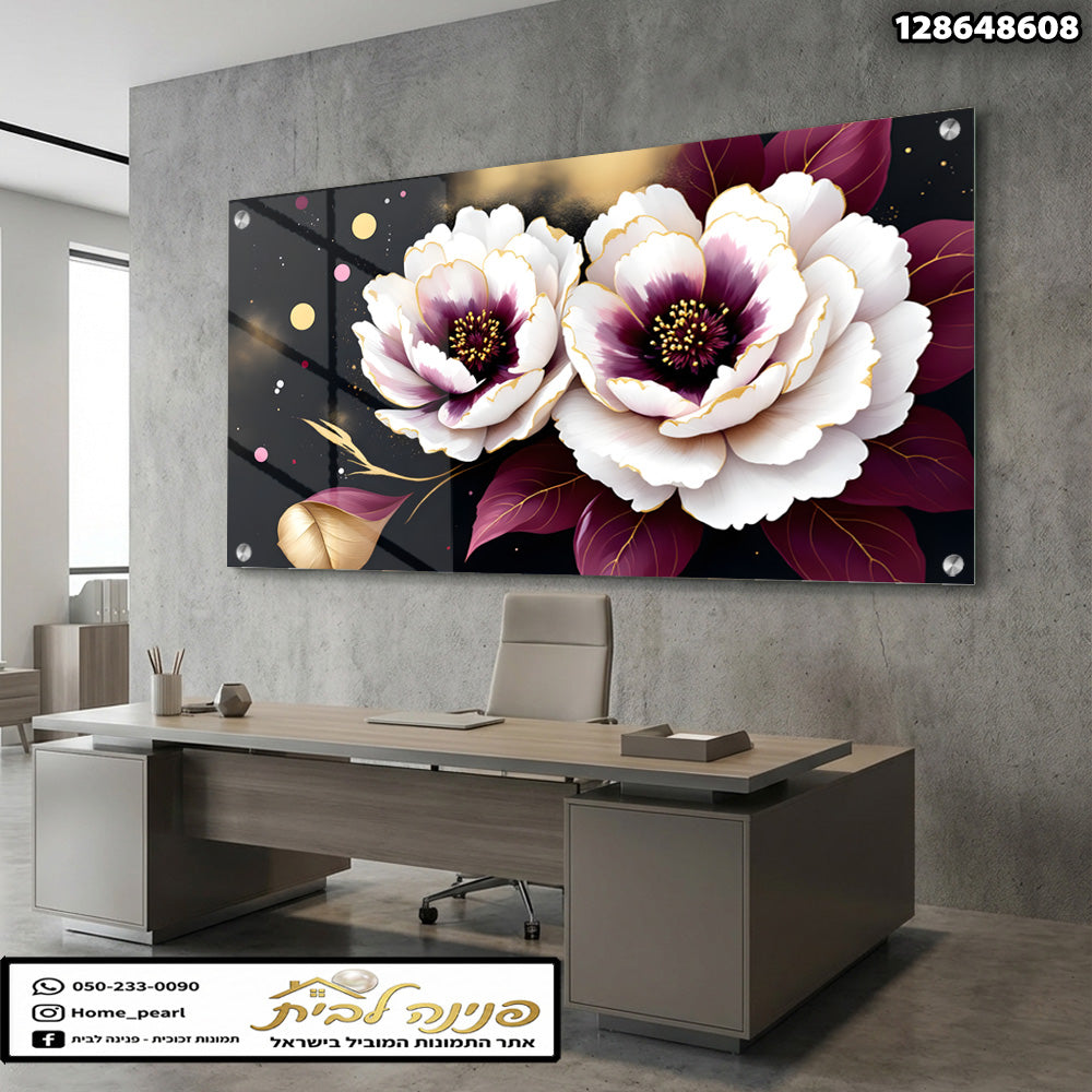 תמונות זכוכית - פריחת פיונים לבנים עם נגיעות בורדו וזהב על רקע שחור תמונות זכוכית לסלון תמונות לבית תמונות קיר הדפסה על זכוכית