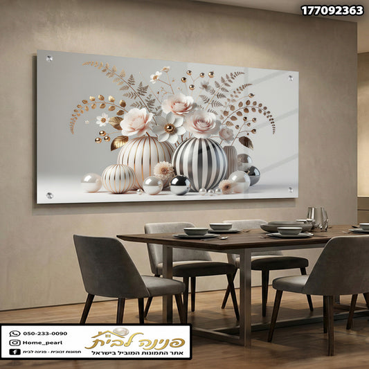 תמונה של פרחים ועצמים דקורטיביים על קיר - תמונות לבית - צבעים לבן, שחור, זהב