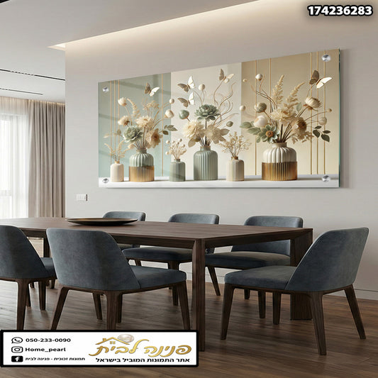 תמונה של פרחים בכלים על קיר - תמונות לסלון - ירוק, בז', לבן