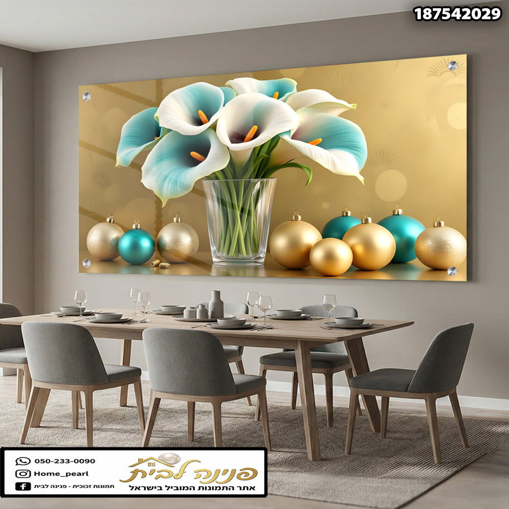 סידור פרחים בתוך vase עם קישוטים - תמונות זכוכית - צבעים כחול, זהב ולבן