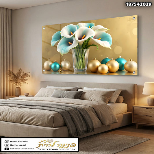 סידור פרחים בשקופה בצבעים שונים - תמונות לבית - צבעים כחול, זהב וירוק
