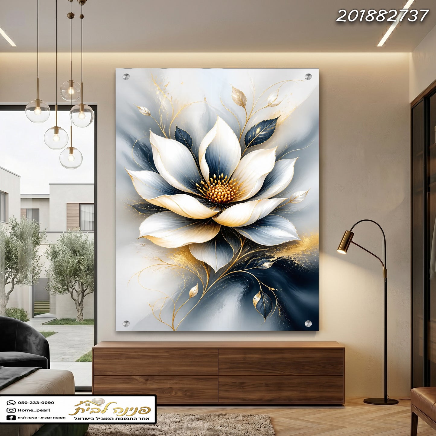 תמונות זכוכית - פרח לוטוס לבן עם עלים כחולים ונגיעות זהב תמונות זכוכית לסלון תמונות לבית תמונות קיר הדפסה על זכוכית