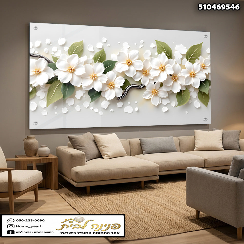 תמונה של פרחים קלאסיים על קיר - תמונות נוי - צבעים לבן וירוק