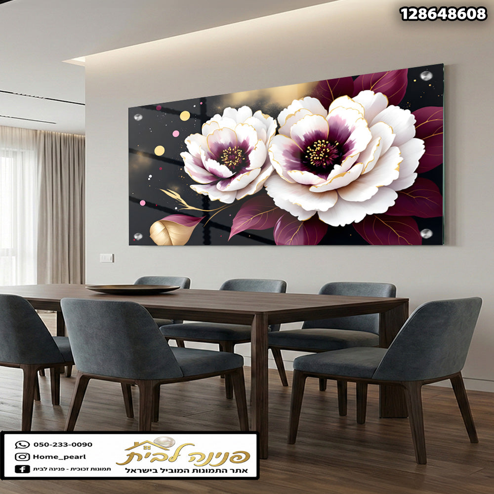 תמונות זכוכית - פריחת פיונים לבנים עם נגיעות בורדו וזהב על רקע שחור תמונות זכוכית לסלון תמונות לבית תמונות קיר הדפסה על זכוכית