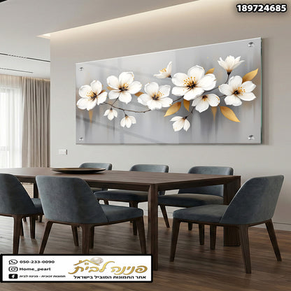 תמונה של פר flowers על קיר - תמונות לבית - צבעים: לבן, אפור, זהב