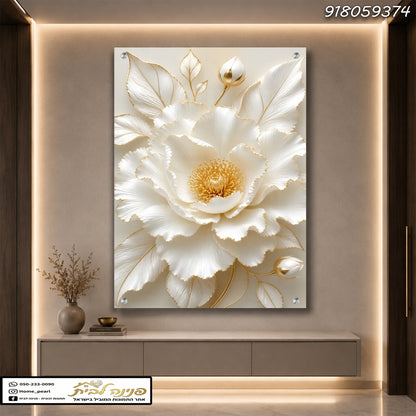 תמונה של פרח מעוצב על גבי זכוכית - תמונות לסלון - צבעים: לבן וזהב
