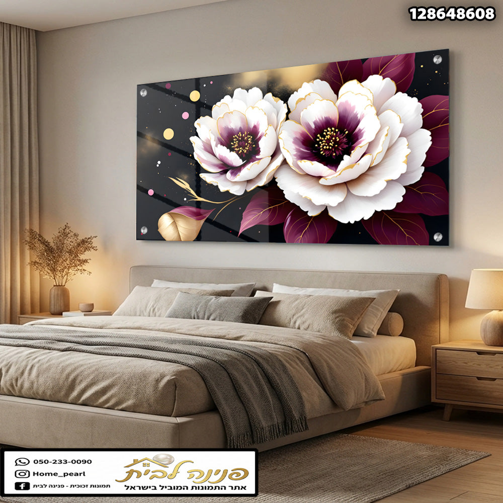 תמונות זכוכית - פריחת פיונים לבנים עם נגיעות בורדו וזהב על רקע שחור תמונות זכוכית לסלון תמונות לבית תמונות קיר הדפסה על זכוכית