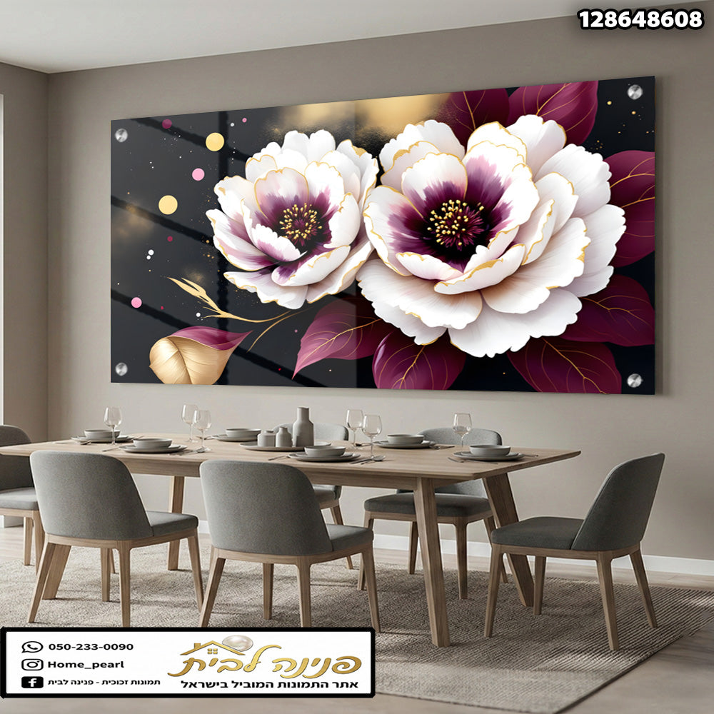 תמונה של פרחים פתוחים על קיר - תמונות לבית - צבעים שחור ולבן וזהב