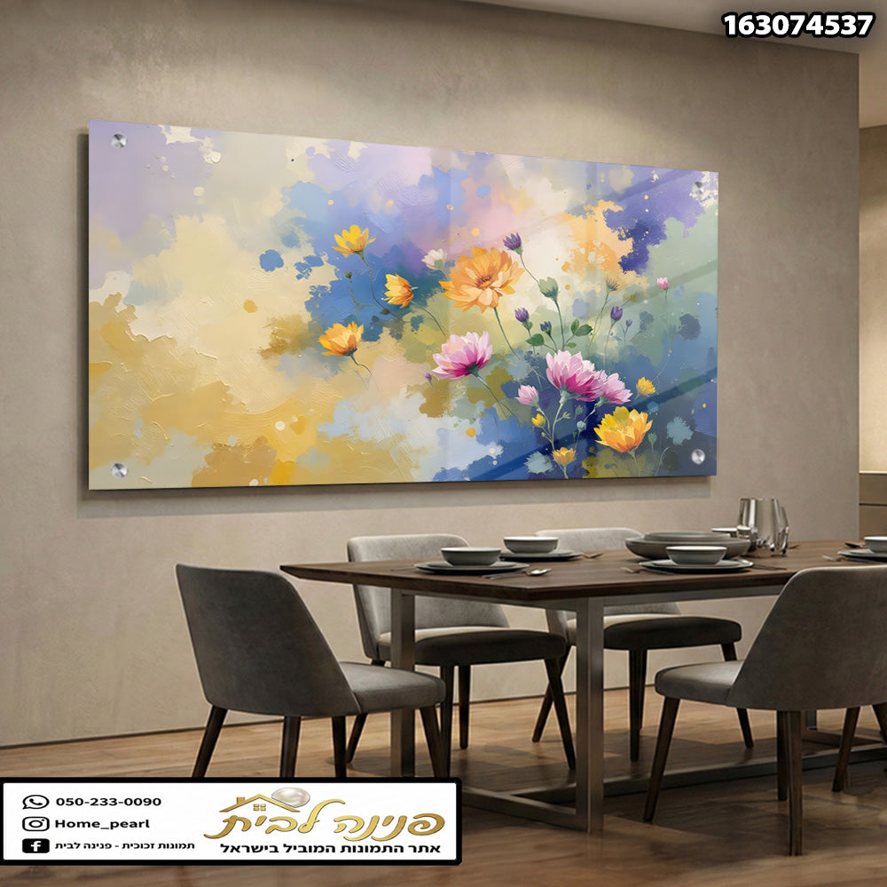 תמונה של פרחים צבעוניים על קיר - תמונות נוי - צבעים בהם כחול, צהוב ורוד