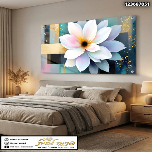 תמונה של פר flower על קיר בסלון - הדפסה על זכוכית - צבעים לבן, כחול, זהב
