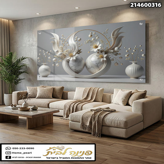 תמונה של שני כלי פרחים מעוטרים - תמונות קיר - צבעים רכים בגווני אפור ולבן