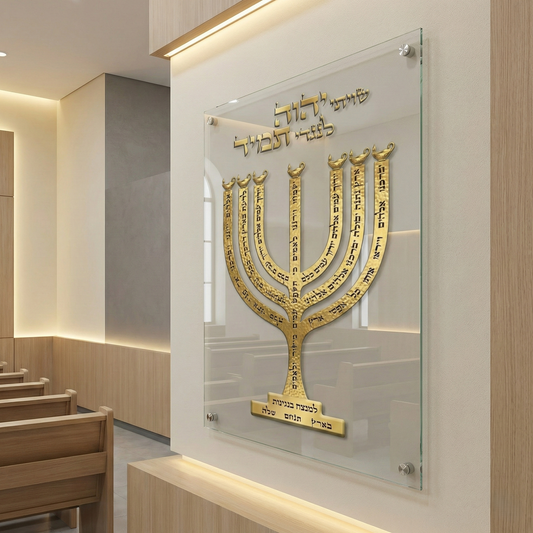 תמונות זכוכית - חנוכייה למנצח מוזהבת על רקע שיש לבן