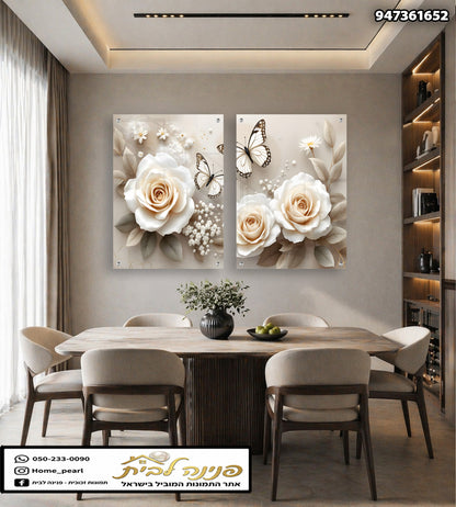 Set of two elegant glass wall art panels featuring white and beige roses, butterflies, and soft floral details displayed in a modern dining room
