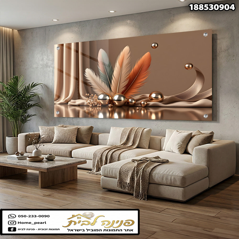 תמונה של עיטור קיר עם נוצות וכדורי זכוכית - תמונות קיר - חום וזהב